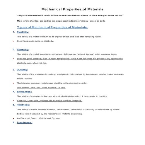 Mechanical properties of materials