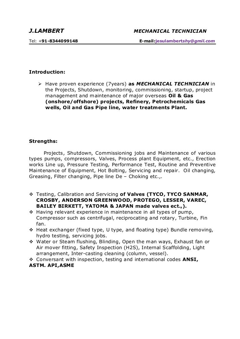 cv for mechanical technician