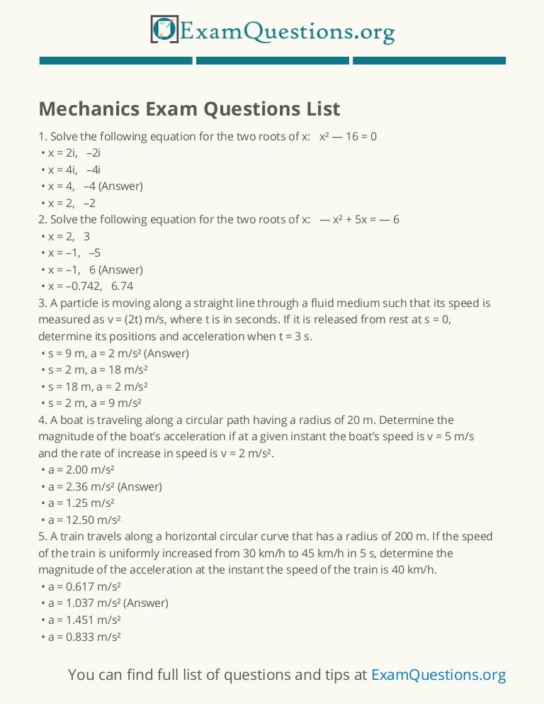 Mechanics Exam Quetions List