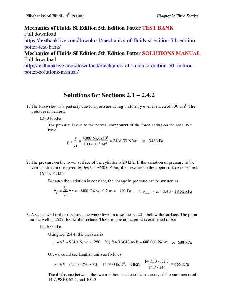 Mechanics of fluids si edition 5th edition potter test bank