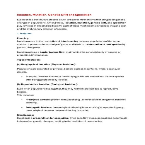Mechanisms of Evolution- Isolation, Mutation, Genetic Drift, Speciation