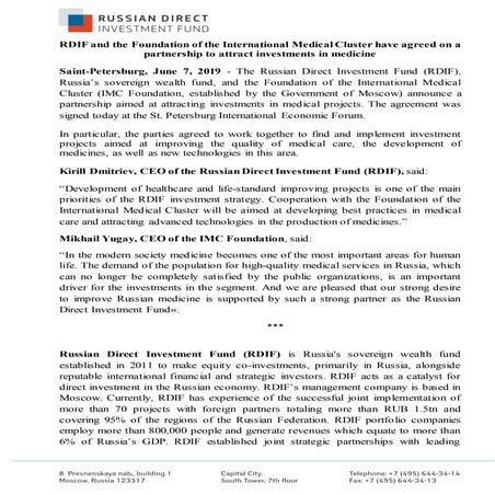 RDIF and the Foundation of the International Medical Cluster have agreed on a partnership to attract investments in medicine