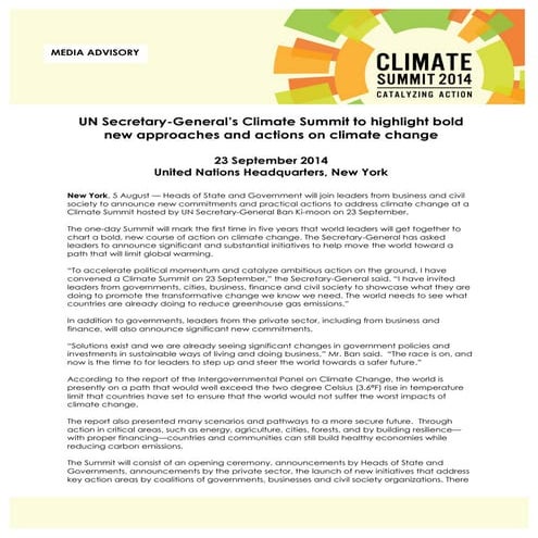 Media Advisory UN Climate Summit