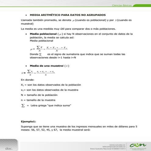 Media aritmetica para datos no agrupados