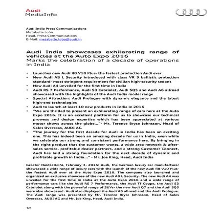 Audi India at 2016 Auto Expo Press Release
