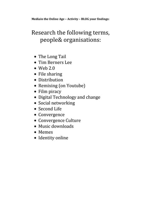 Media in the online age key terms activity