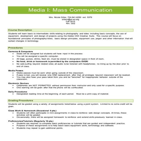 Media I Syllabus - Fall 2105