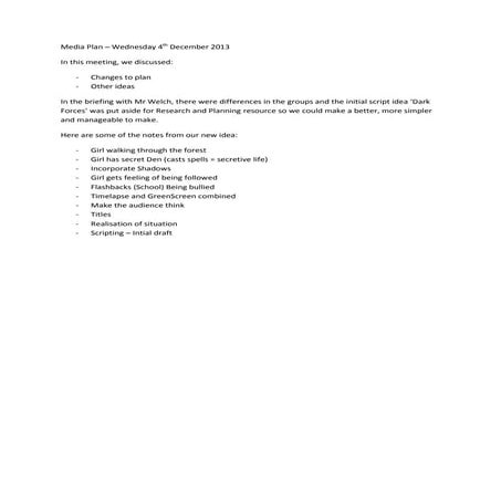 AS Media Thriller Intial Plan - Tuesday 4th December