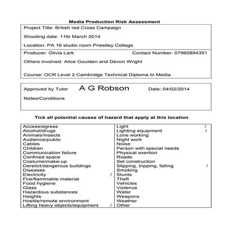 Risks assessment – tv studio | PPTX