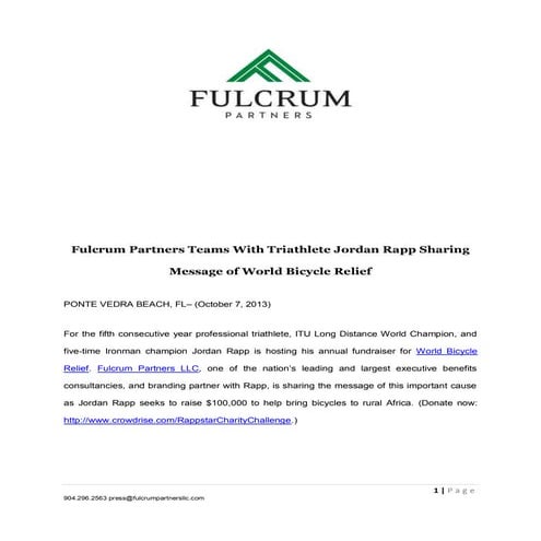 Fulcrum Partners Teams With Triathlete Jordan Rapp Sharing Message of ...