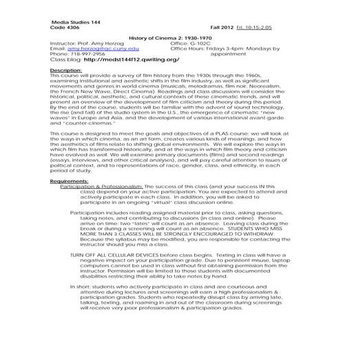 Media studies 144   history of cinema 2 1930-1970 fall 2012 queens college  1...