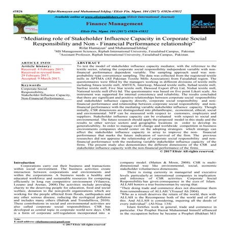 MEDIATING ROLE OF STAKEHOLDER INFLUENCE CAPACITY IN CORPORATE SOCIAL RESPONSIBILITY AND NON FINANCIAL PERFORMANCE RELATIONSHIP