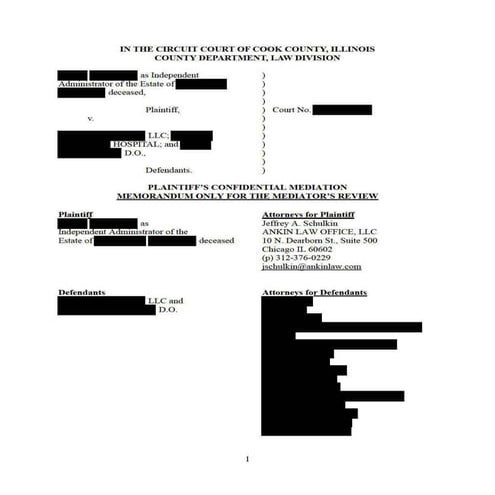 Mediation Memo re Med Mal Wrongful Death due to Improper Care in ED and ...