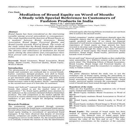 Mediation of brand equity on word of mouth a study with special reference to ...