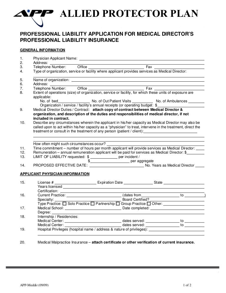 Professional liability insurance application for medical director’s
