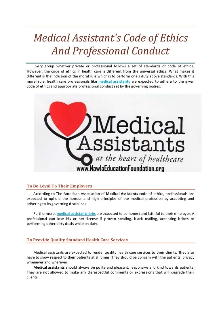 Medical assistant's code of ethics and professional conduct medical…