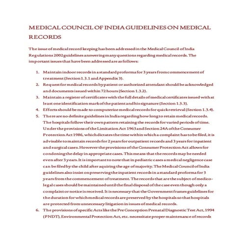 Medical council of india guidelines on medical records