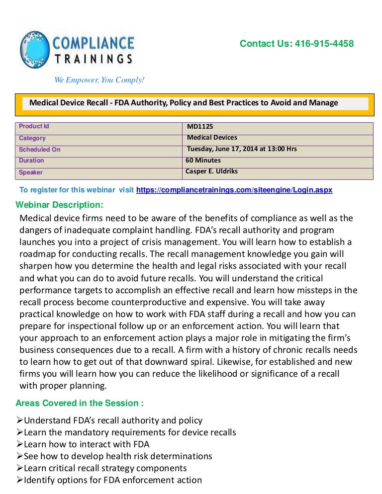 Medical device recall fda authority, policy and best practices to a…
