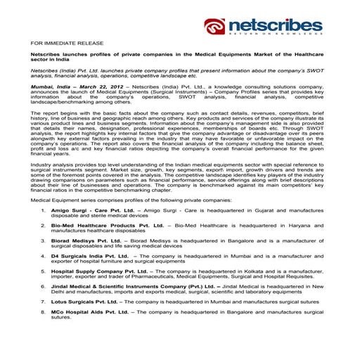 Medical Equipment Market in India 2012 - Company Profiles 