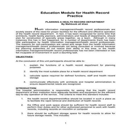 Medical Record Department Planning By Mahboob Ali Khan.2010 2012.