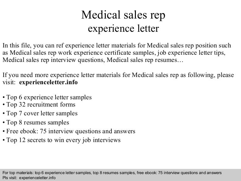 Medical sales rep experience letter
