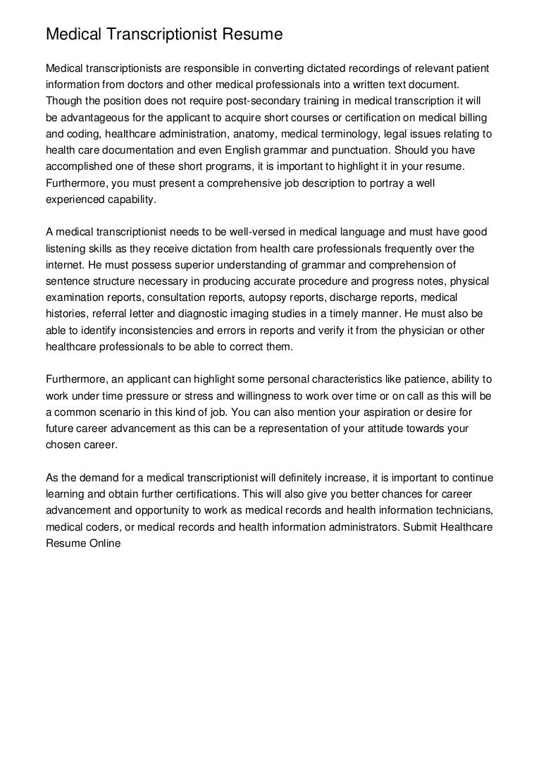 medical transcription resume format