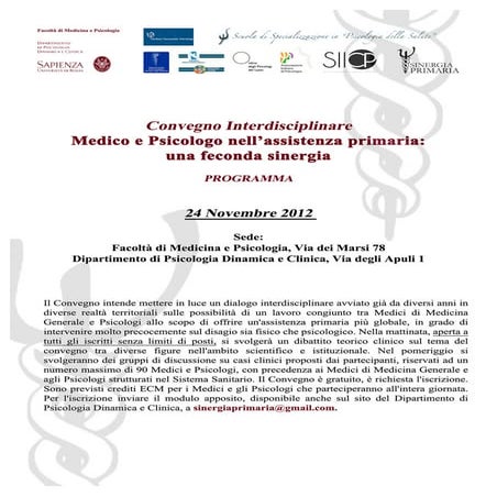 Convegno Interdisciplinare Medico e Psicologo nell'assistenza primaria: una f...
