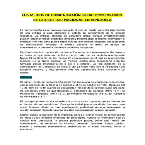 Medios de Comunicacion social en Venezuela en la identidad nacional.