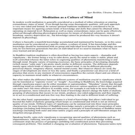 Igor Berkhin. Meditation as a Culture of Mind.