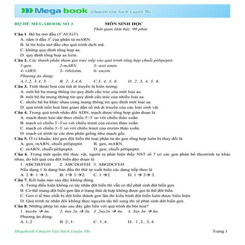 Đề thi thử và đáp án chi tiết môn Sinh học số 3 - Megabook.vn