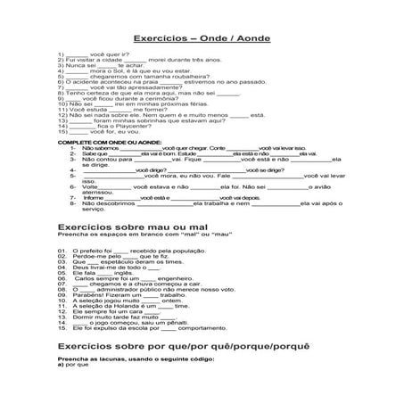 Gabarito Exercícios (onde/aonde/porquês/mal/mau) Mega Concursos | PDF