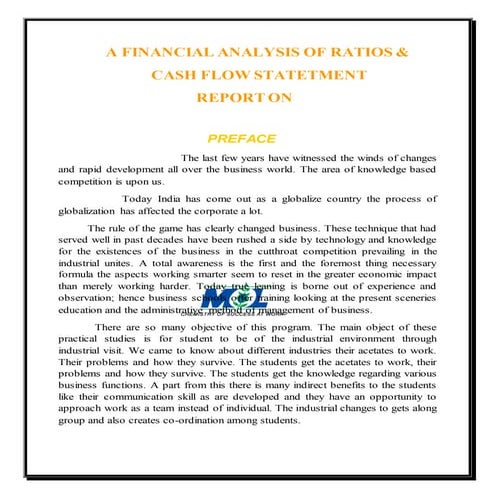 A FINANCIAL ANALYSIS OF RATIOS &  CASH FLOW STATETMENT 
