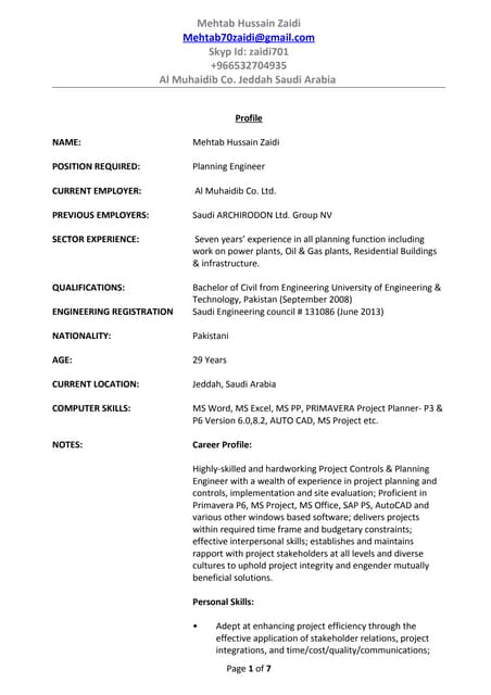 Mehtab zaidi planning engineer cv
