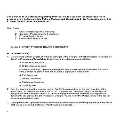 Kitchen Cabinet company order processing procedures