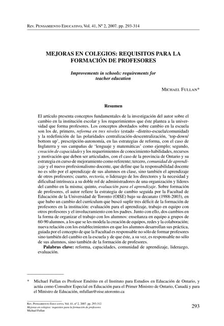 Mejoras en colegios requisito para la formación de profesores fullan 41 2007