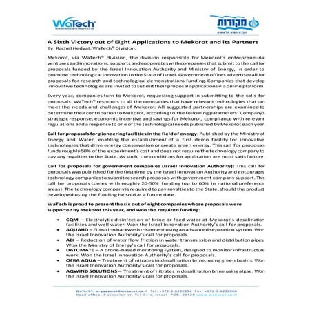 Mekorot call for proposals