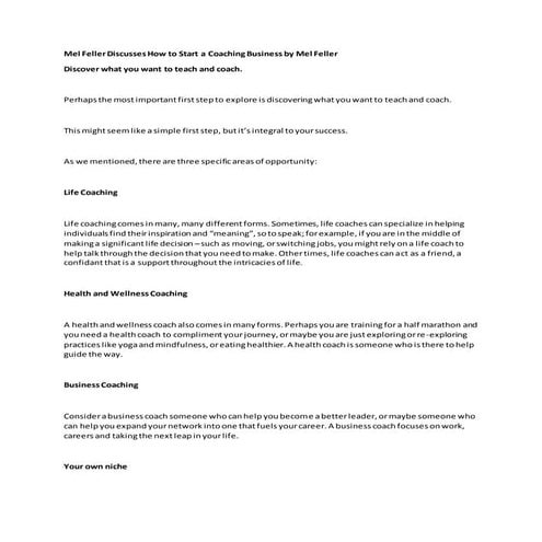 Mel feller discusses how to start a coaching business by mel feller