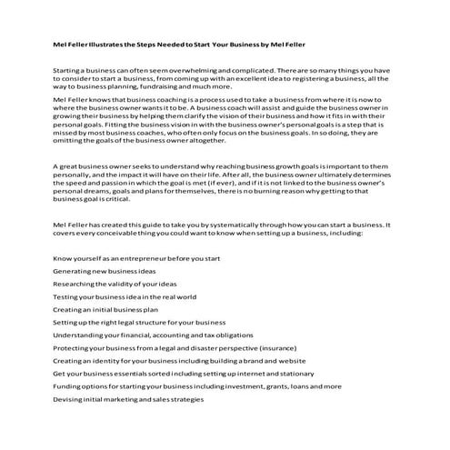 Mel feller illustrates the steps needed to start your business by mel feller