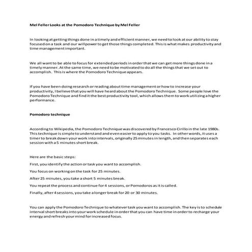 Mel feller looks at the pomodoro technique by mel feller