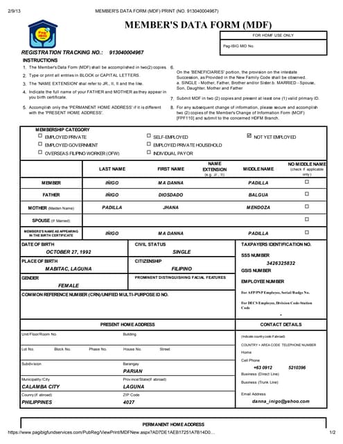 Member's data form (mdf) print (no