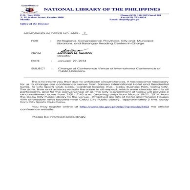 ALPS Congress Memo change of conference venue