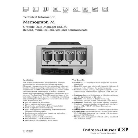 Memograph m rsg 40 endress+hauser datasheet-record, visualize, analyze and co...