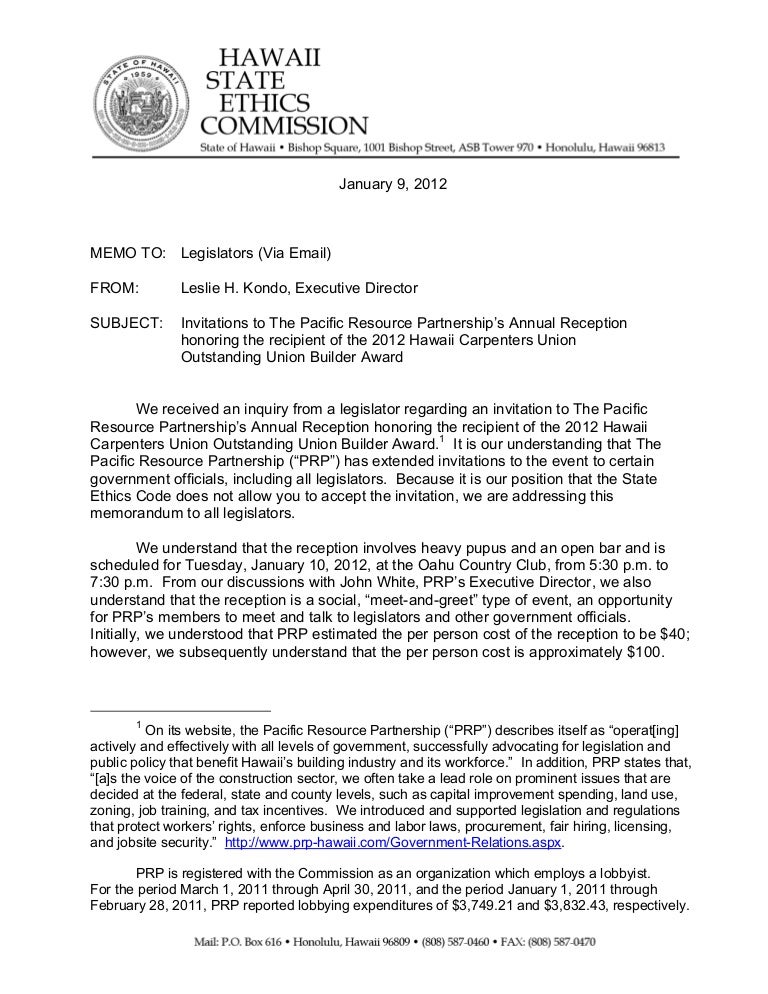 Ethics Commission memo on Pacific Resource Partnership invite