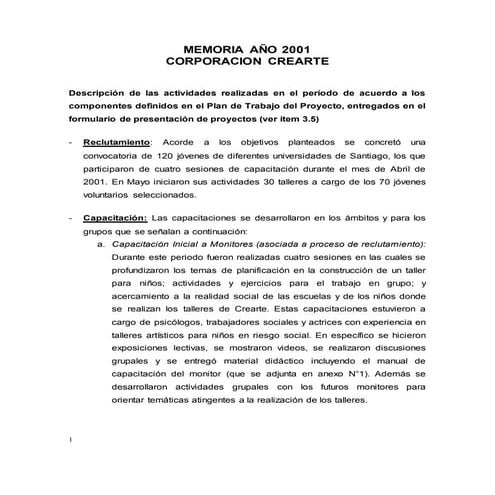 Memoria CreArte 2001