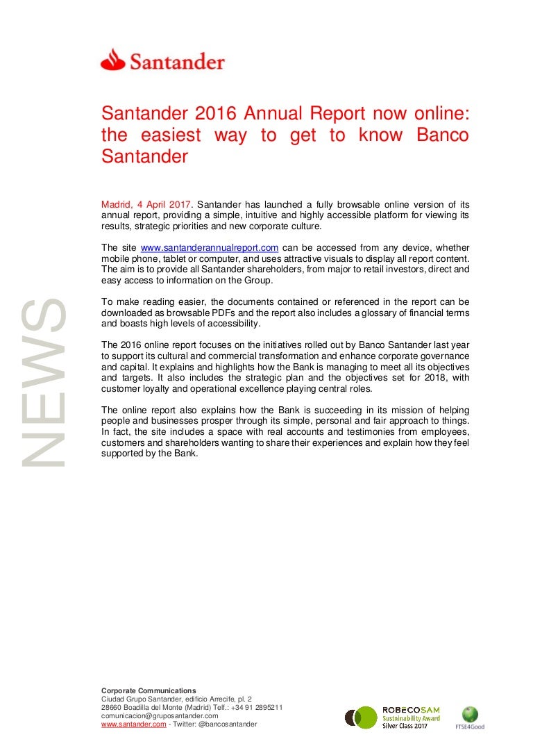 Santander 2016 Annual Report Now Online The Easiest Way To Get To Kn
