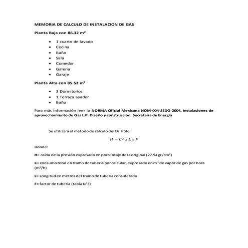 Memoria de calculo de gas