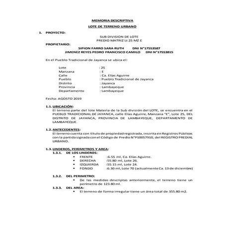 Memoria descriptiva subdivision