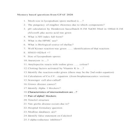 Memory based questions from gpat 2020