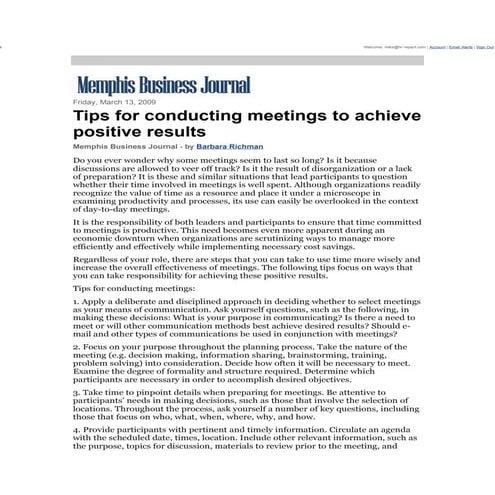 Memphis Biz Journal.Meetings. Achieving Positive Results.3.13.09