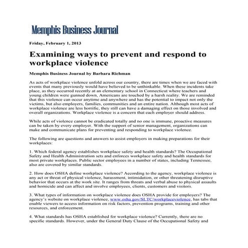 Memphis business journal.examining ways to prevent and respond to workplace violence.links.2.1.13